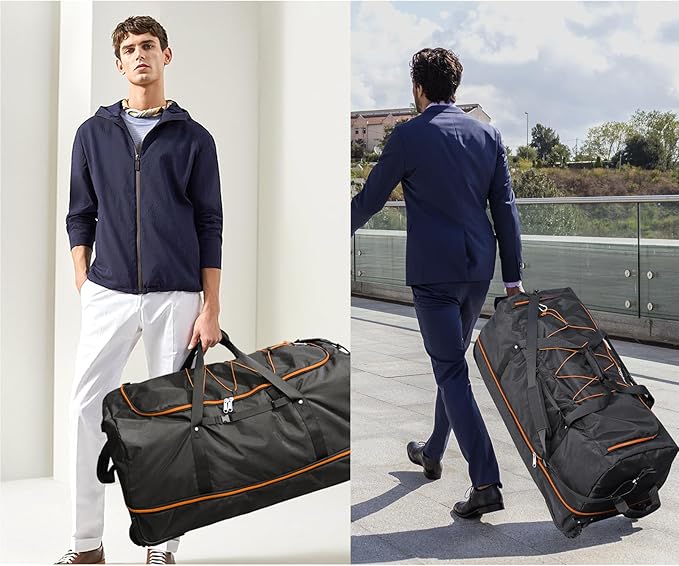 110L/140L Expandable Soft-Sided Foldable Duffle Bag with 2 Rubber Wheels,Packable 32” Rolling Carry-On with Multi-Pockets & Compartments,Black Orange