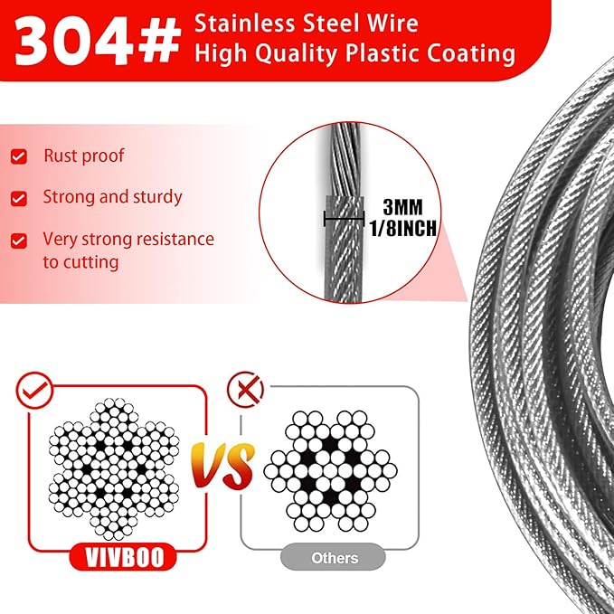 1/8 inch Stainless Steel Security Cable with Hooks 2.6 FT Luggage Lock Security Cable with Loops（10Pack ）