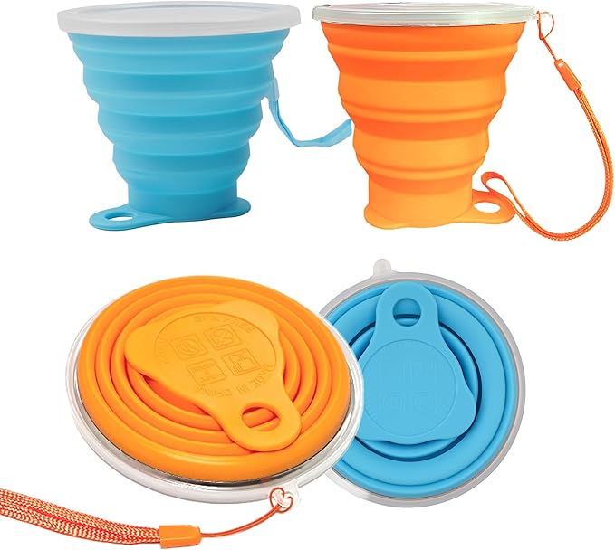 2 Pack Collapsible Silicone Travel Cups with Lids Portable Folding Camping Cups (Blue & Orange)