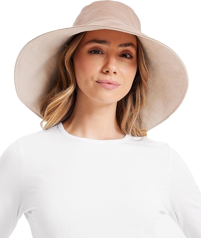 Solbari Women’s Ultra-Wide Cotton Linen Sun Hat UPF 50+, Packable, Adjustable with Ponytail Hole for Travel, Beach & Outdoors