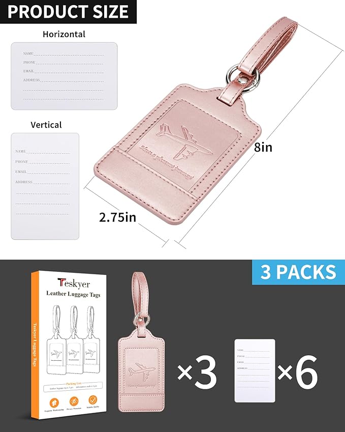 Teskyer Luggage Tags, 3 Pack Premium PU Leather Luggage Tags for Suitcases, Privacy Protection Travel Bag Tags, Rose Gold