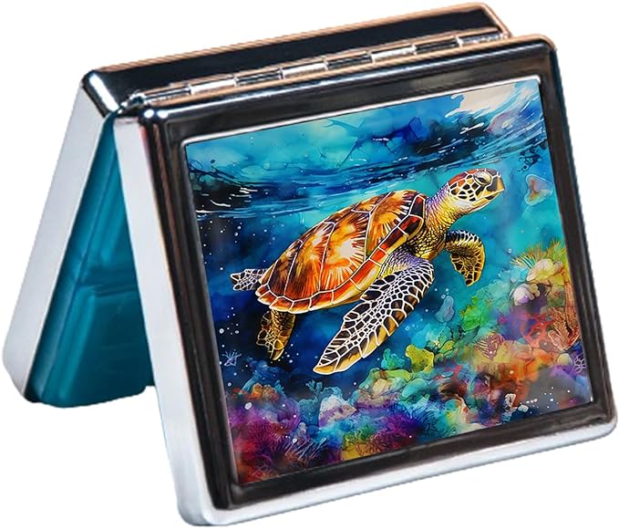 Silver Vintage Pill Box 7 Day Metal Pill Box with Mirror and 8 Compartments Cute Travel Pill Organizer for Purse (Sea Turtle)