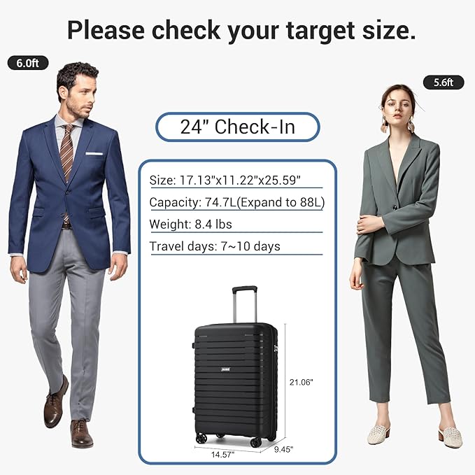 Kono 24 Inch Expandable Luggage Suitcase with Spinner Wheels, Durable Hardside Checked Luggage with Hidden Cup Holder, Lightweight Hard Shell Medium Suitcase with TSA Lock(Black)