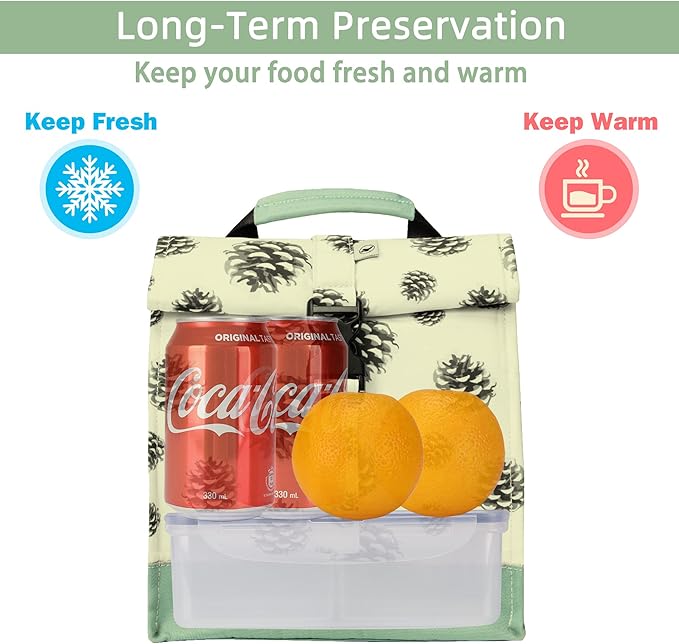 SUNNY BIRD Insulated Lunch Bag Rolltop Lunch Cooler Cute Lunch Box for Girls, Teens and Kids (Pinecone)