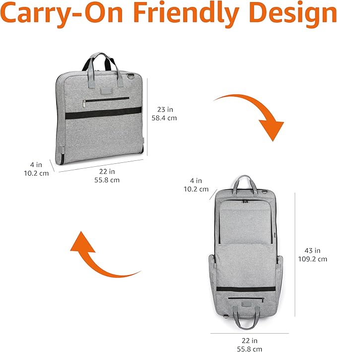 Amazon Basics Carry-On Garment Bag for Travel and Business Trips with Shoulder Strap, Hanging Suit Luggage Bag for Men Women, Wrinkle Free Cover for Suits Dresses Coats, Gray