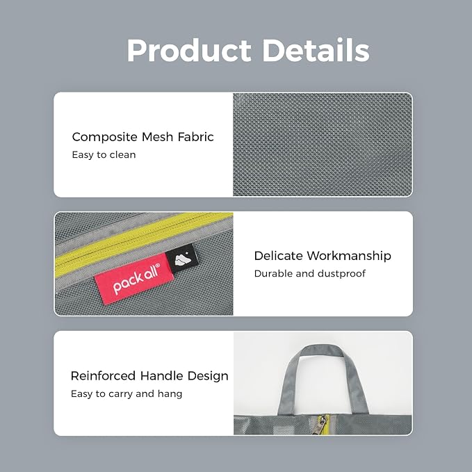 pack all Plus-Sized Shoe Bag for Travel, Water-Resistant Shoe Pouch for Gym, Odor-Resistant Soccer Cleats Bag for Sport (Grey, 2-Pack)