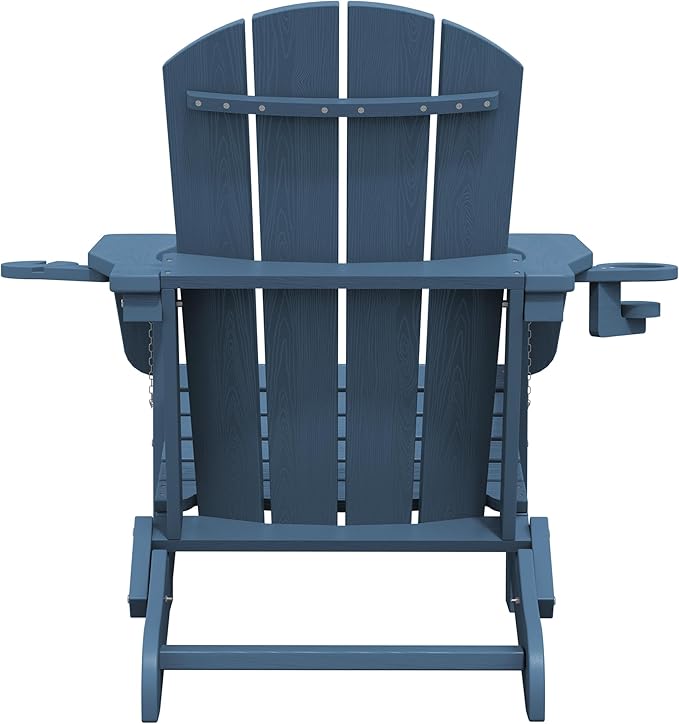 SERWALL Folding Adirondack Chair, Dual Cup Holders & All-Weather HDPE, Wood-Like Patio Chair for Backyard, Camping，Pool & Fire Pit- Navy