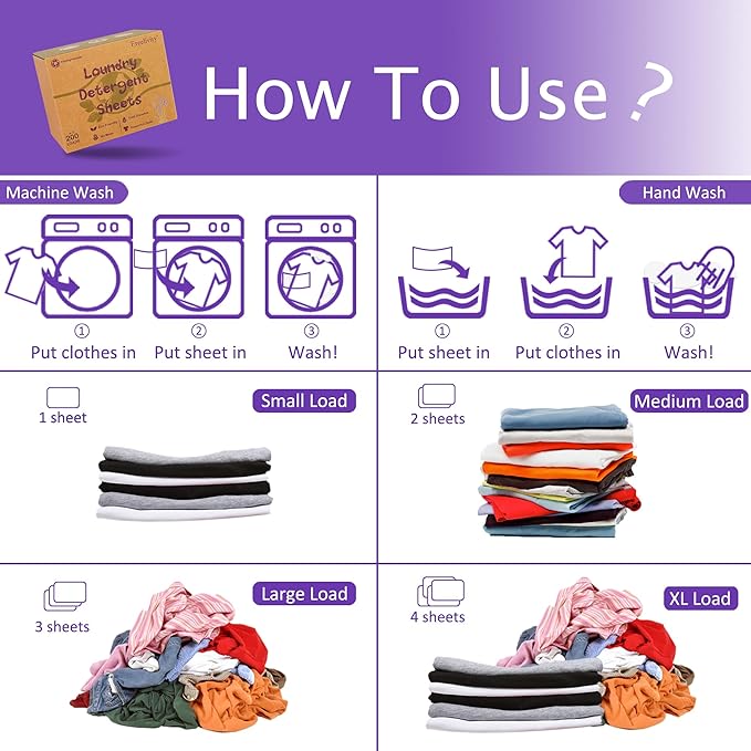 Freelivity Laundry Detergent Sheets, 200 Loads Eco-Friendly Laundry Soap Strips - No Plastic Jug Hypoallergenic Liquid Less Dissolvable Space Saving Sheets for HE machine, travel, home clothes washing