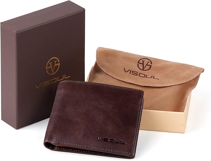 VISOUL Men's Leather RFID Blocking Wallet Extra Capacity, Bifold Security Wallet for men with 2 ID Windows 8 Card Slots 2 Cash Compartments (Coffee and Dark Orange)