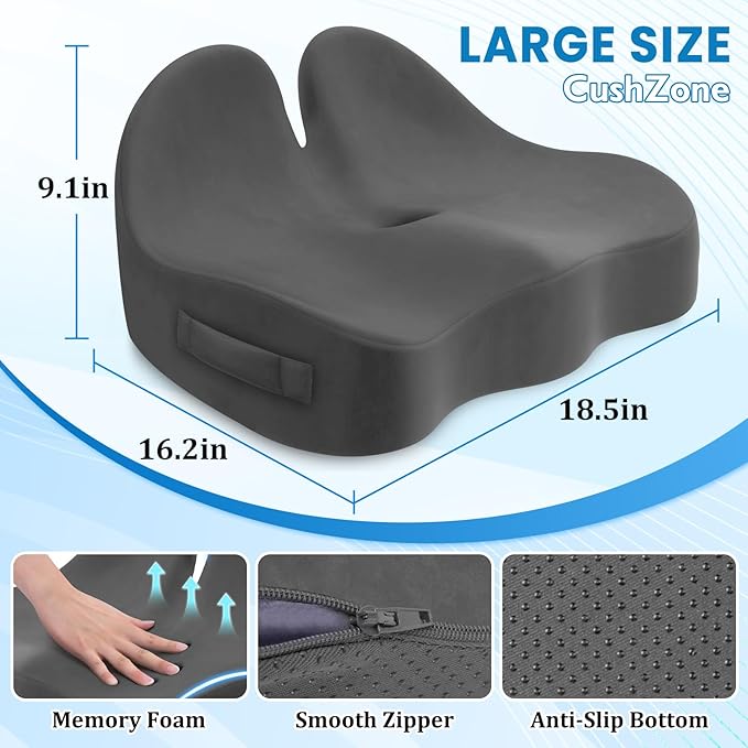 Seat Cushion, Memory Foam Office Chair Seat Cushion for Office Chairs/Car/Long Trip/Desk Chair/Gaming, Extra Large Size for Sciatica & Hip & Tailbone Pain Relief, Sciatica Support (Grey)