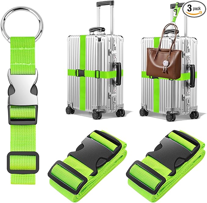 BILIONE 3Pcs Luggage Straps Set - 2 Suitcase Straps 70'' Long and 1 Add A Bag Strap, Adjustable Luggage Identifiers Nylon Travel Belt