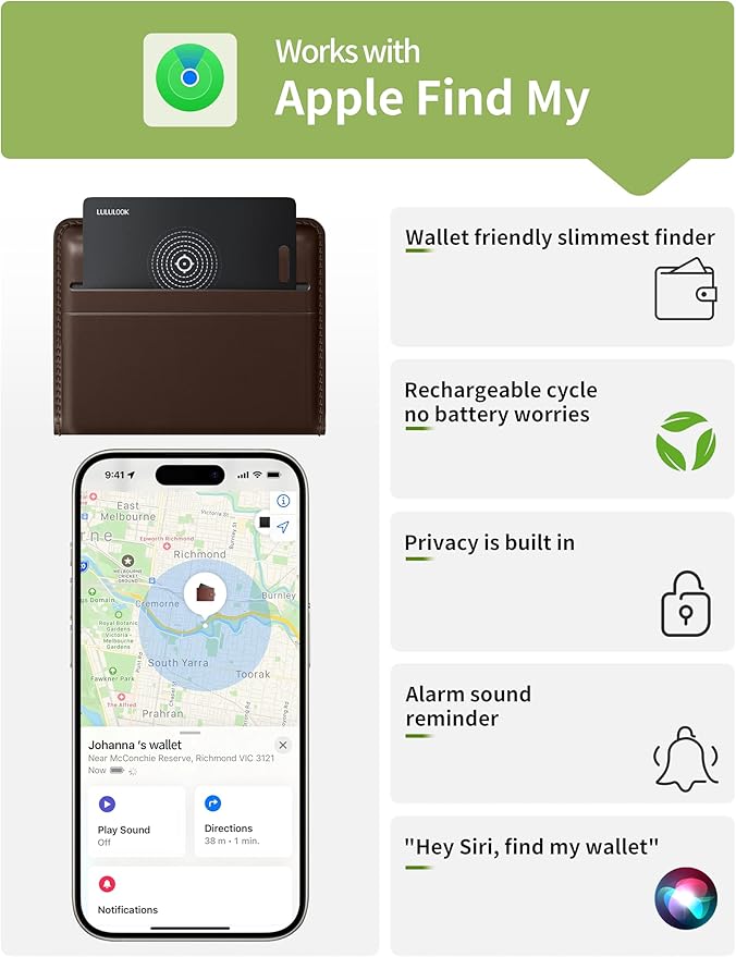 LULULOOK Wallet Tracker Card, Ultra Slim Airtag Wallet Works with Apple Find My (iOS Only), Wireless Rechargeable GPS Smartcard Tracker for Luggage, Tags, Passport, Purse, IP68 Waterproof, 3Pack