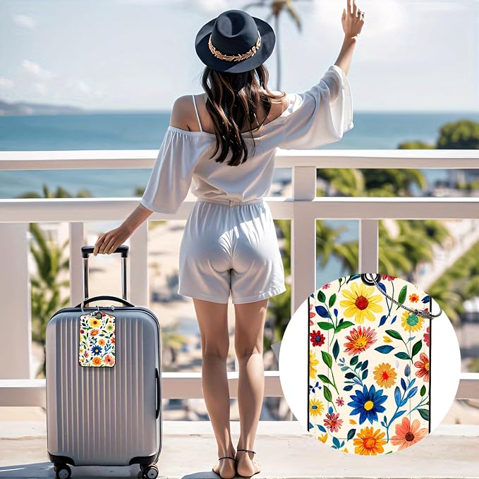 Luggage Tags for Suitcases, 2-Pack PU Leather for Cruise & Travel, Baggage ID Tags with Privacy Cover & Address Card, Durable Metal Ring, Kids Adults Travel Accessories, Watercolor Blooms