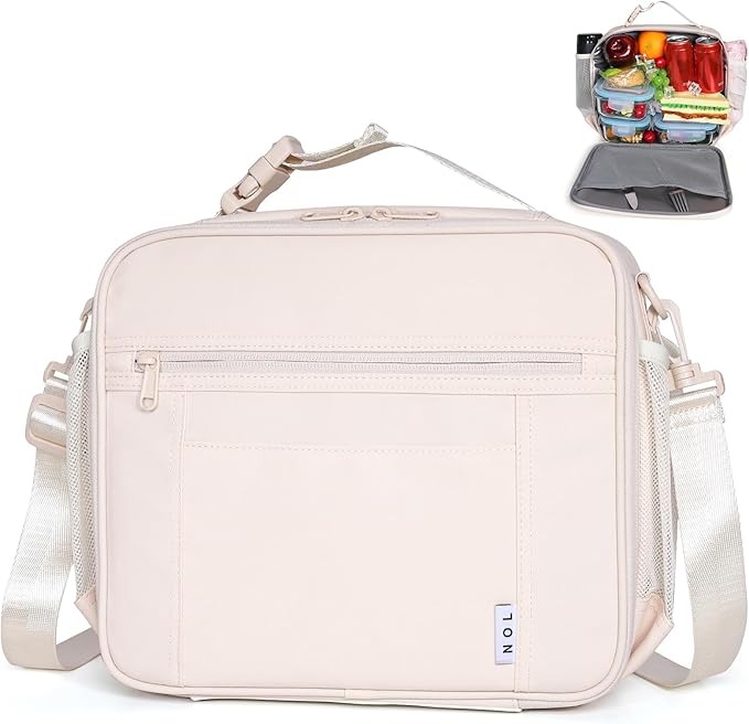 NOL Kids Lunch Bag - Kids 3+ Reusable Insulated Lunch Box with Zipper Closure Buckle Handle Adjustable Long Shoulder Strap, Easy-Clean Waterproof Fabric, Children Lunch Tote Bag for School -Cream