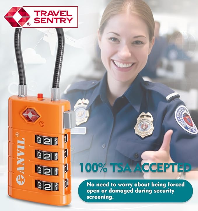 ANVIL 4 Digit Luggage Locks, TSA Locks for Luggage, Advanced TSA008 core, Alert Indicator for Your Travel Lock, Suitcase Lock. (4, Orange)