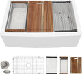 33 White Farm Sink Workstation - Fulorni 33"x21" Apron Front Farmhouse Sink Workstation with Slide Ledge White Ceramic Porcelain Fireclay Single Bowl Farmer Kitchen Sink Basin