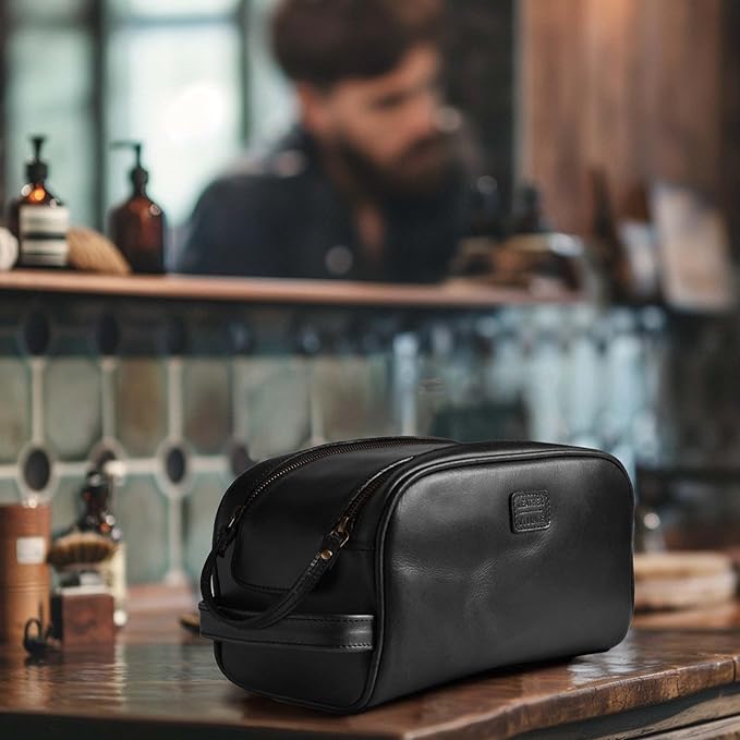 LEATHER VILLAGE Premium Leather Toiletry Travel Pouch With Waterproof Lining - Black | King-Size Handcrafted Vintage Cosmetic Organizer & Shaving Essential Bag