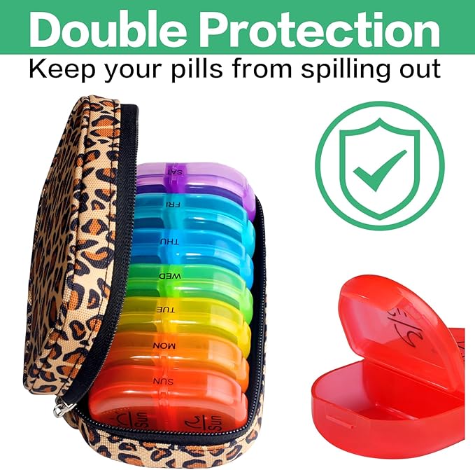 Serfeymi Weekly Travel Pill Organizer 2 Times A Day AM PM Upgraded Rainbow Pill Box 7 Day with Portable Zipper Canvas Pill Case, Medicine Organizer for Pills, Vitamins, Fish Oils - Brown 01