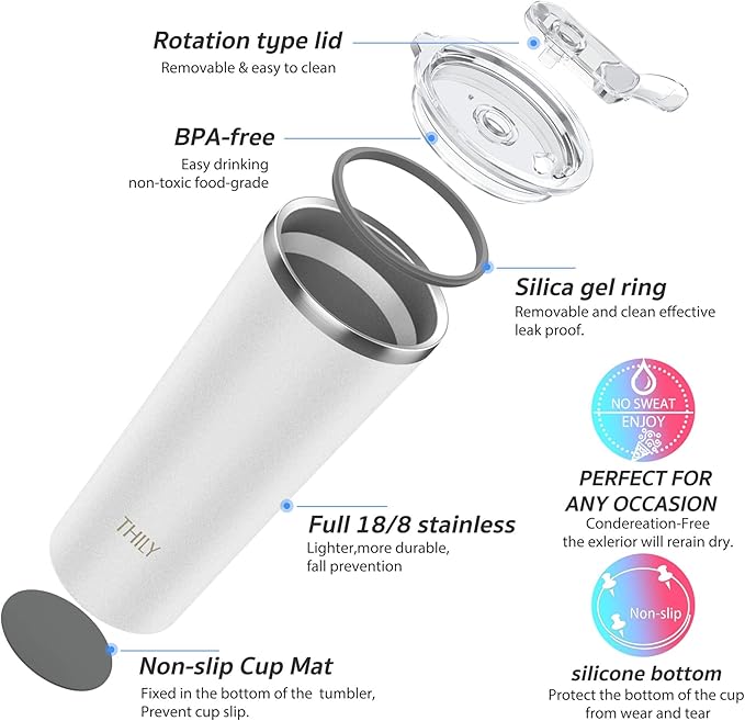 THILY Vacuum Insulated Tumbler Stainless Steel 26 oz Coffee Cup with 2 Lids and Straws, Powder Coated Travel Mug, Keeps Ice Drinks Cold, White