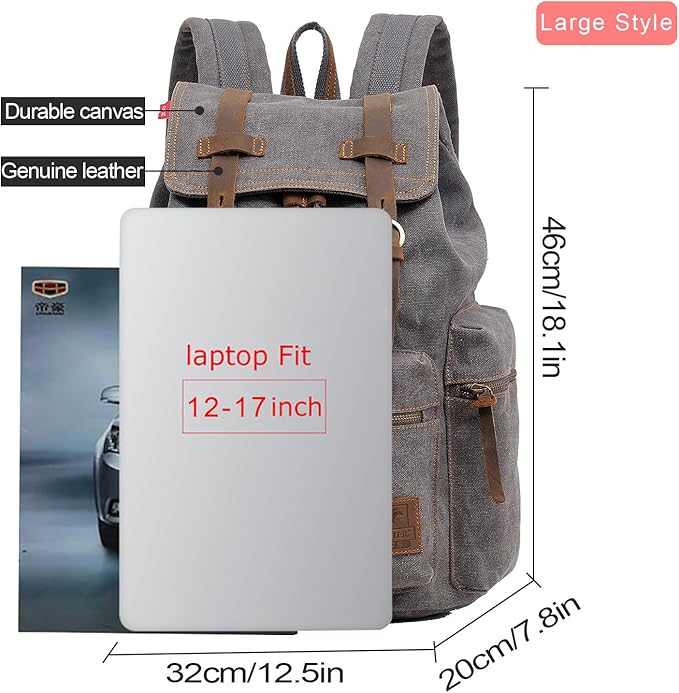 AUGUR High Capacity Canvas Vintage Backpack - for School College Hiking Travel 12-17" Laptop