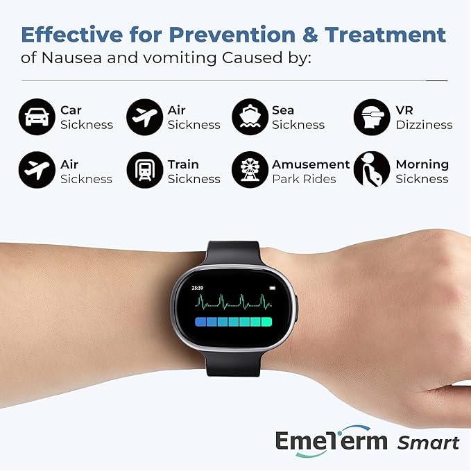 EmeTerm Smart FDA-Cleared Anti-Nausea Wristwatch Touchscreen IP67 Waterproof Morning Motion Sickness Relief Rechargeable Fast Acting Drug Free (2 Pack Black with Extra Gel)