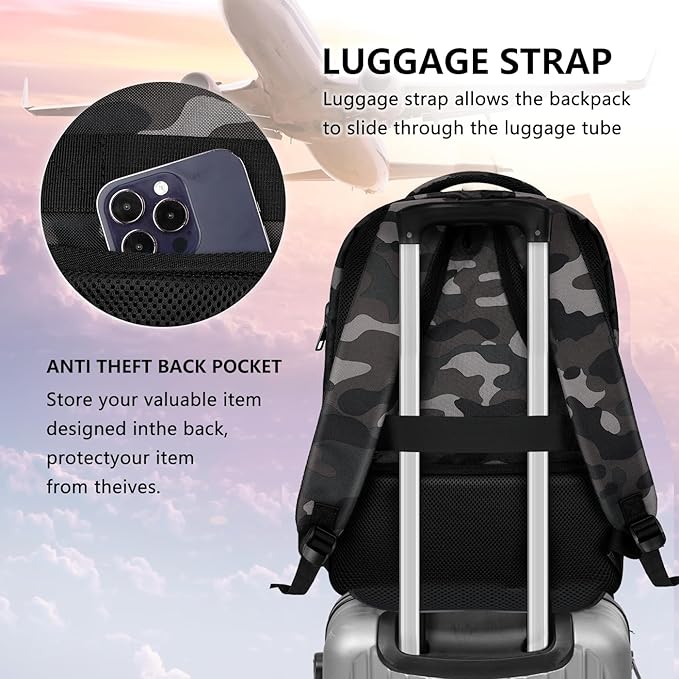 Backpack for Men Women, School Backpack with USB Charging Port, Anti Theft Carry On Flight Approved Business Work Travel 15.6 Inch Computer Laptop Backpack, BookBag for teen, Camo