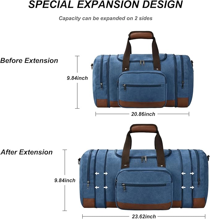 Litvyak Duffle Bag for Travel, 50L Canvas Travel Duffel Bags Overnight Weekend Gym Carry On Luggage Bag for Men & Womenn(Blue+Toiletry Bag)
