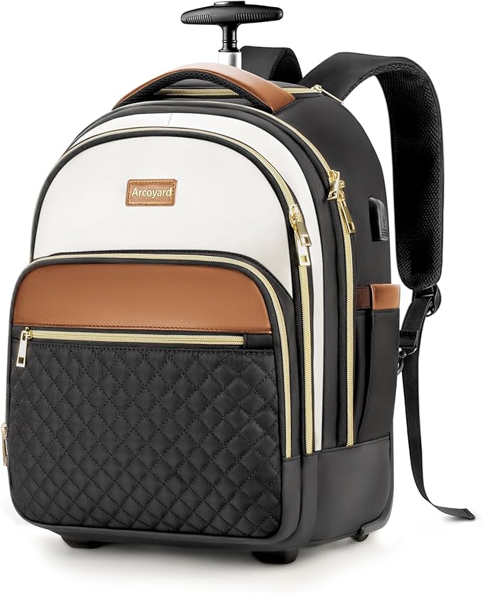 Small Rolling Backpack for Women, Lightweight Travel Backpack with Wheels, Roller Backpacks for Adults, Water Resistant Rolling Laptop Bag, Wheeled Underseat Carry On Luggage, Beige Brown