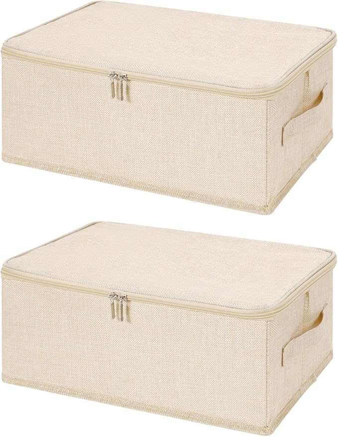 ANMINY 2PCS Storage Bins with Zipper Lids 13 Qt Lidded Fabric Storage Boxes Baskets Cubes with Handles Collapsible Washable Cotton Linen Closet Shelf Clothes Organizer Containers - Beige, Small