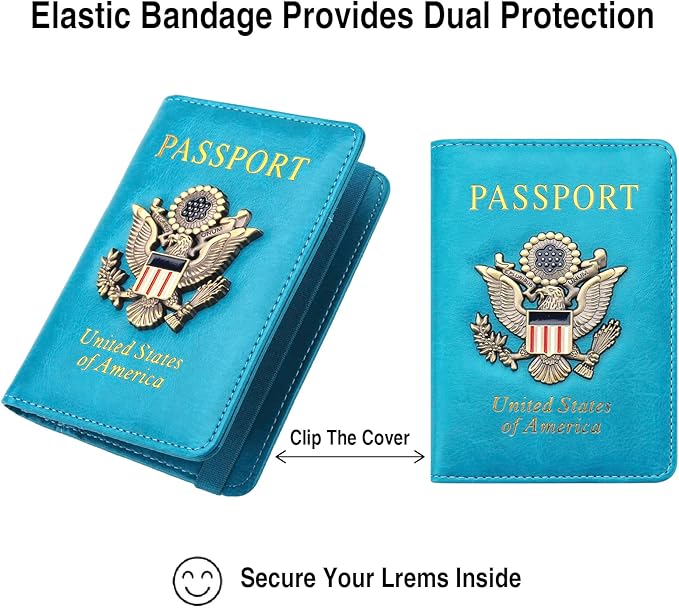Passport Holder for Travel Passport Cover for Men Passport Wallet Case With 3D Metal Badge Protector Leather Card Case RFID Blocking Women Travel Accessories Document Organizer (Sky Blue)