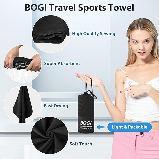 BOGI Microfiber Travel Sports Towel-Quick Dry Towel, Soft Lightweight Microfiber Camping Towel Absorbent Compact for Camping Gym Yoga Swimming Backpacking (L:60''x30''+16''x16''-Black)
