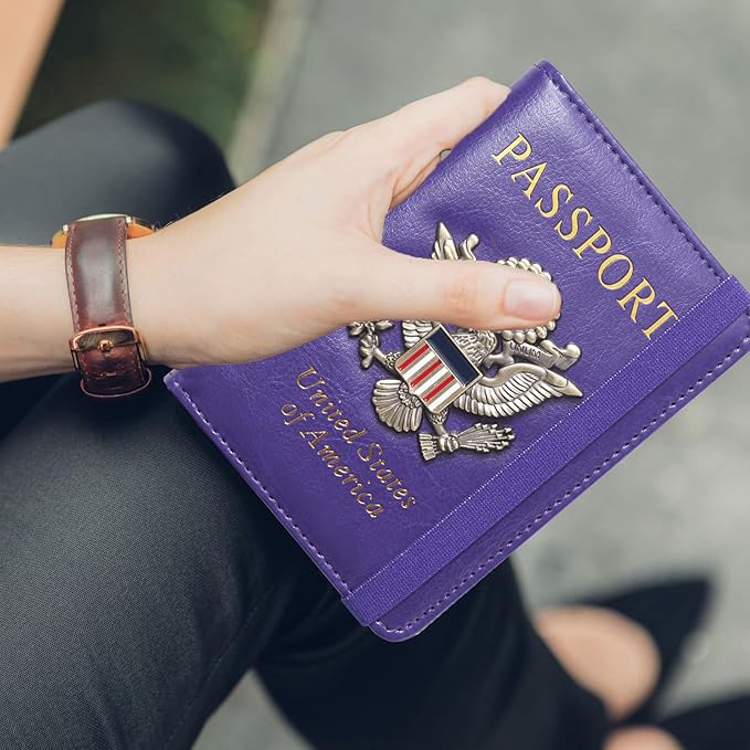 Passport Holder for Travel Passport Cover for Men Passport Wallet Case With 3D Metal Badge Protector Leather Card Case RFID Blocking Women Travel Accessories Document Organizer (Purple)