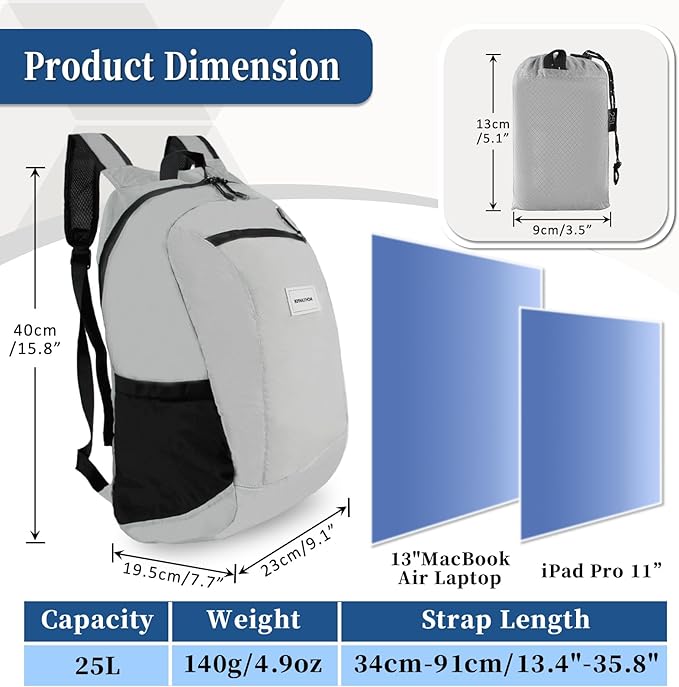 Hiking Daypack - Lightweight & Water-Resistant Portable Backpack for Travel, Camping, Outdoor Adventures(25L, grey)