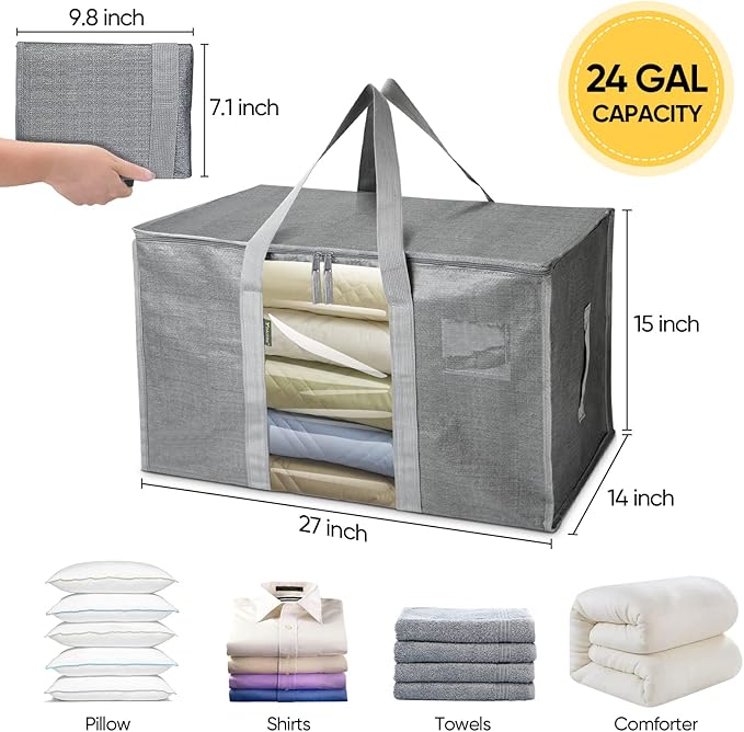 BALEINE 8-Pack Oversized Moving Bags with Reinforced Handles, Heavy-Duty Storage Tote for Clothes, Moving Supplies (Grey with Window, 8 Pack)