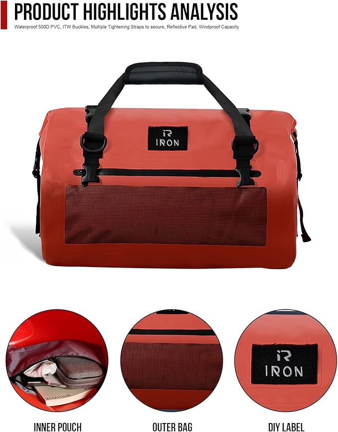 IRON JIA'S Motorcycle Dry Bag - Waterproof Duffle & Luggage Tail Bag Saddle Bags with Roll Top Closure, Shoulder Straps, Inner Pocket and Mesh Pocket (Orange, 30L)
