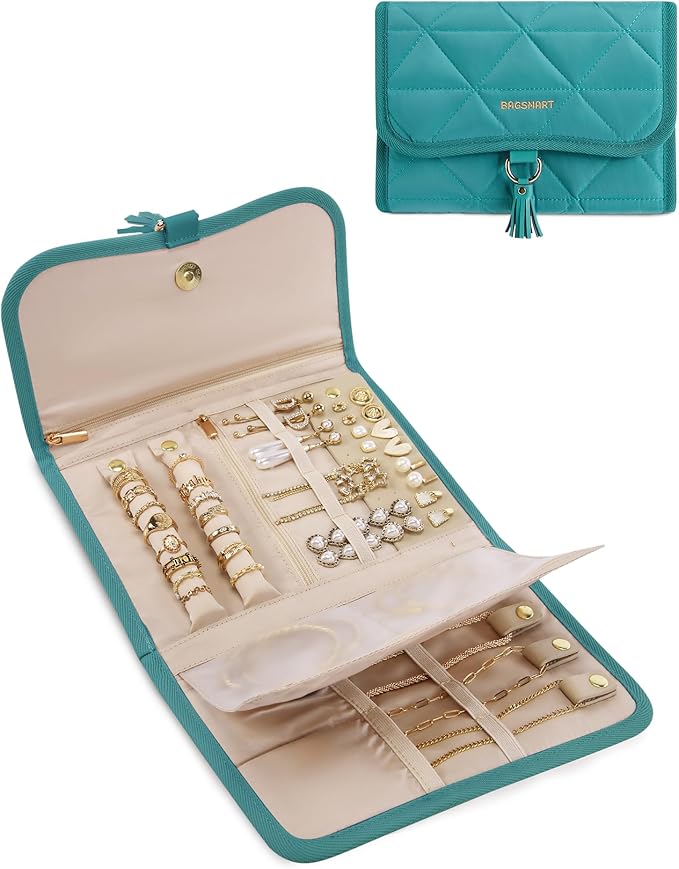 BAGSMART Travel Jewelry Case Organizer, Roll Foldable Jewelry Case for Journey-Rings, Necklaces, Earrings, Bracelets, Brooches, Portable Travel Essentials, Green