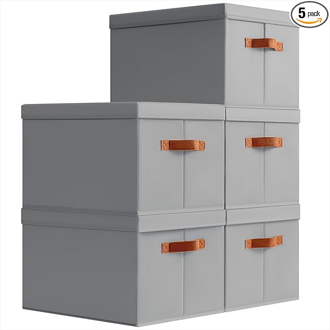Storage Bins with Lids - Large Fabric Closet Bins with Lid, 5 Pack Clothes Organizers and Storage, Collapsible Stackable Cube Basket for Home, Office, Dorm, Grey