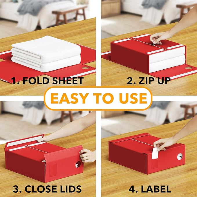 SpaceAid 12 Pack Bed Sheet Organizers and Storage, Foldable Organizer for Linen Closet, Set Folder Keeper With Window XL (Queen & King Size) Bedding Container (Red)