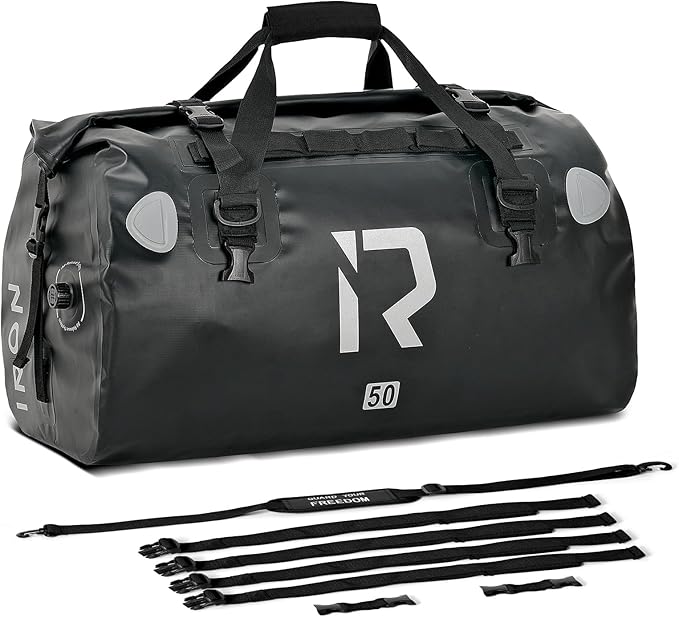 IRON JIA'S Motorcycle Dry Bag - Waterproof Duffle & Luggage Tail Bag Saddle Bags with Roll Top Closure, Shoulder Straps, Inner Pocket and Mesh Pocket (Black, 50L)