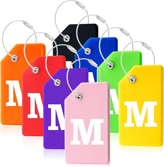 8 Pcs Luggage Tags for Suitcases, 26 Initial Letter Travel Luggage Baggage Identification Labels ID Tags Fully Bendable Tags with Stainless Steel Loop (Letter M, Colorful)