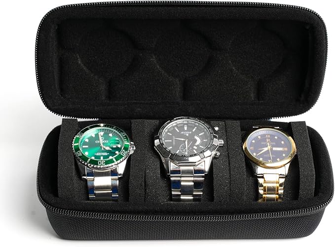 3 watch travel case roll, Hard watch carry case roll display storage organizer box for men and women with soft foam pillows snug fit all size watches up to 60mm face