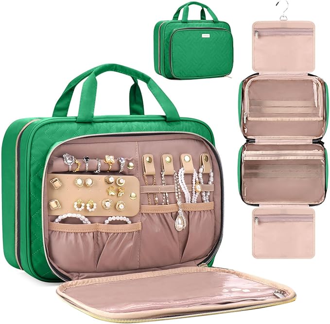 Toiletry Bag for Women with Jewelry Organizer Compartment, Travel Makeup Cosmetic Bag with Hanging Hook for Full-sized Toiletries, Shampoo - Green