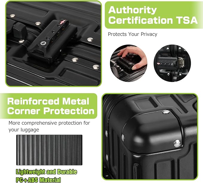 AnyZip Luggage Aluminium Frame Suitcase PC ABS Hard Shell TSA Lock No Zipper 24In Black