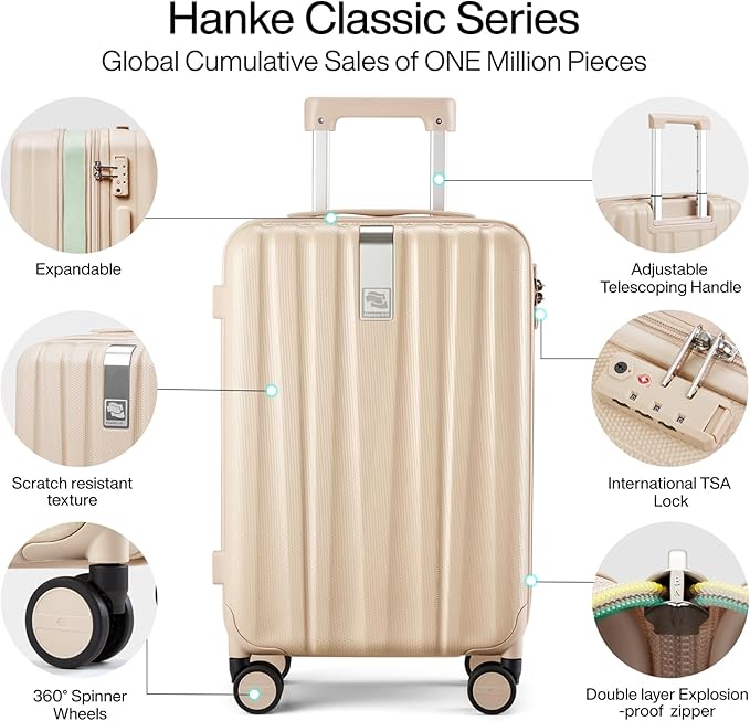 Hanke Expandable Hardshell Luggage Sets 3 piece Carry on Luggage with Wheels Suitcases Lightweight Checked Travel Luggage Rolling Large Suitcase Travel Luggage Bag Woman Men 20/24/29" Cuba Sand Pink