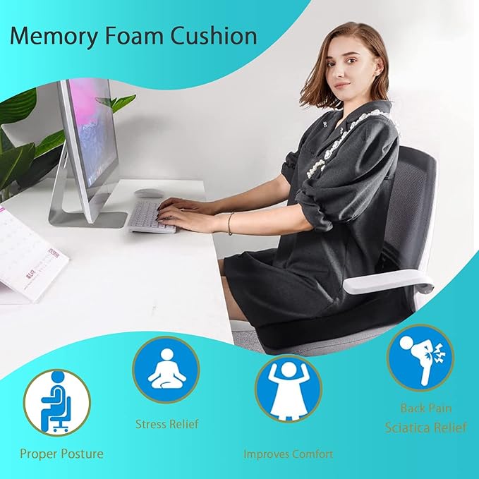 Chair Seat Cushion, Memory Foam Cushions for Office Chair, Car Seat, Airplane, Relieving Pressure Tailbone Sciatica Back Pain for Long Sitting Office Workers, Car Drivers（Grey）