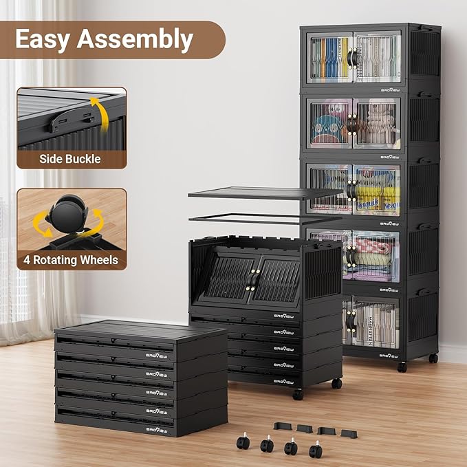BROVIEW 240Qt Stackable Storage Bins with Lid, Extra Large Closet Organizer Collapsible Drawer Boxes with Wheels, Folding Plastic Cabinet Containers for Home Kitchen Room Organization, 3Pack Black