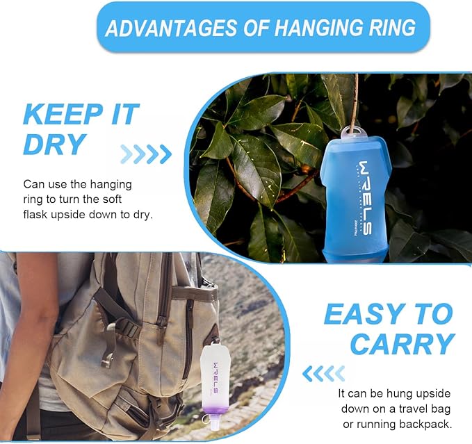 200ml/350ml/500ml Collapsible Soft Flask,BPA Free Folding Soft Water Bottle with Hanging Ring,Lightweight TPU Hydration Flask for Running Marathon Cycling Hiking(350ml-2 Packs)