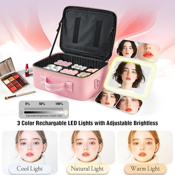 Mid-Size Makeup Bag with LED 1X5X10X20X30X Magnifying Mirror and Travel Makeup Train Case Cosmetic Organiser with Mirror and Separate Makeup Brush Panel, Portable Adjustable Divider, Pink