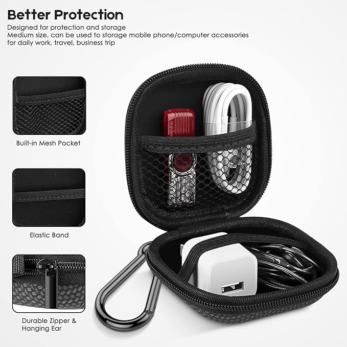 Earbud Case Hard EVA Earphone Carrying Cell Phone Accessories Storage Bag with Carabiner for Airpods Headset Flash Drive Charging Cable Key Wall Charger USB Adapter (Blue 2Pack)