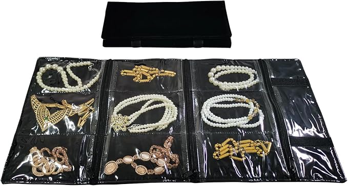 Travel Jewelry Roll Bag Portable Organizer Pouch With Grids&PVC Cover Storage Bags for Necklace, Bracelet, Bracelet,Ring, Badge, Pendant